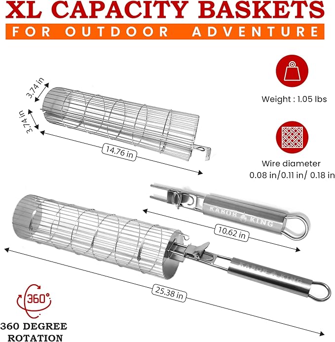 ORIGINAL Rolling Grill Basket Set of 2 w/Detachable Handle. Stainless Steel construction 2 sizes for Outdoor Camping Tailgating Grilling Vegetables