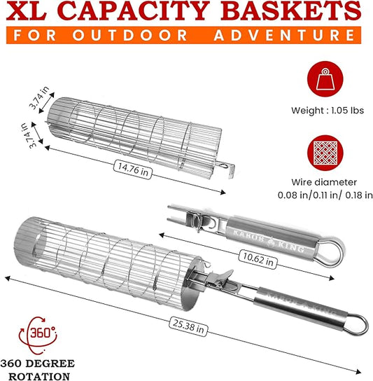 ORIGINAL Rolling Grill Basket Set of 2 w/Detachable Handle. Stainless Steel construction 2 sizes for Outdoor Camping Tailgating Grilling Vegetables