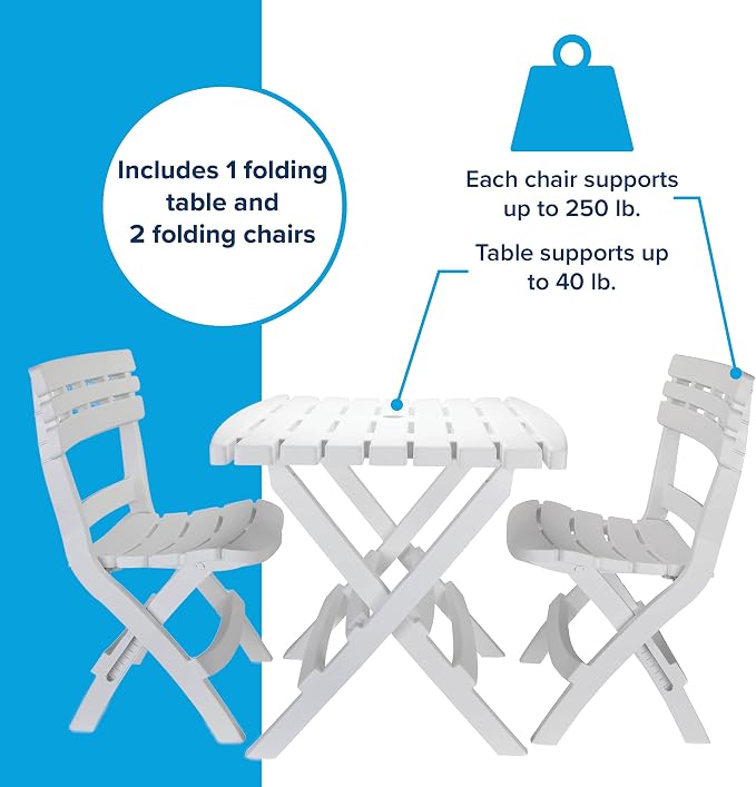 Camco Outdoor Table and Chair Set | Features Foldable Design for Compact RV Storage and Organization | Great for Camping, Events, Patios, and More | No-Tool Assembly | 3-Piece, White (51640)