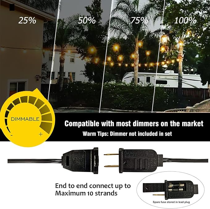 Outdoor String Lights 50FT G40 LED Globe Bulbs - Shatterproof, Connectable, Waterproof - 27 Bulbs (2 Extra), 25 E12 Hanging Lights for Patio, Bistro, Pergola, Gazebo