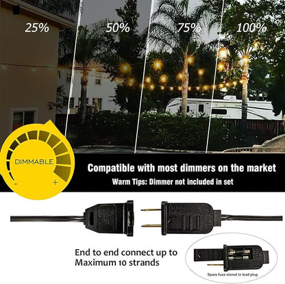 Outdoor String Lights 50FT G40 LED Globe Bulbs - Shatterproof, Connectable, Waterproof - 27 Bulbs (2 Extra), 25 E12 Hanging Lights for Patio, Bistro, Pergola, Gazebo