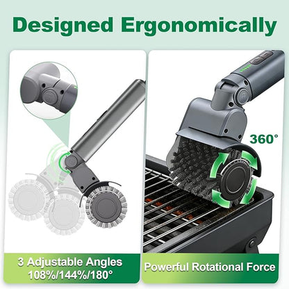 2026 New Electric Grill Brush with 3 Replacement Head,3-Speed Power Control,Cordless Rechargeable Grill Cleaning Brush with Adjustable Angle,Cleaning Tool for Outdoor BBQ,No Bristle Shedding-Gray