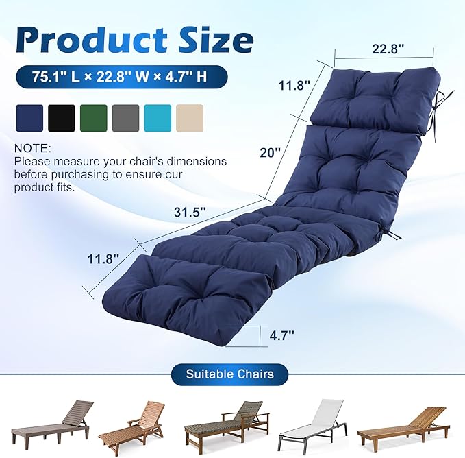 Chaise Lounge Cushions Outdoor, Waterproof & Fade Resistant Patio Lounge Chair Cushions for Outdoor Furniture, Chaise Cushion with Ties for Patio, Pool, Lawn and Beach, 75.1x22.8x4.7 Inch, Navy Blue