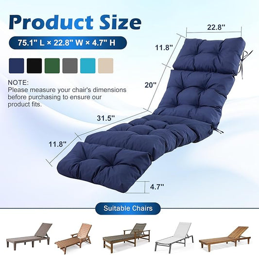 Chaise Lounge Cushions Outdoor, Waterproof & Fade Resistant Patio Lounge Chair Cushions for Outdoor Furniture, Chaise Cushion with Ties for Patio, Pool, Lawn and Beach, 75.1x22.8x4.7 Inch, Navy Blue