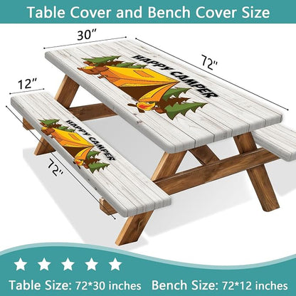 JAWO Happy Camper Picnic Table Cover Set with Bench Covers Camping Theme Tablecloth 6FT Fitted Picnic Table Cover with Elastic Windproof and Waterproof Fabric, Camping Accessories Patio & Outdoor