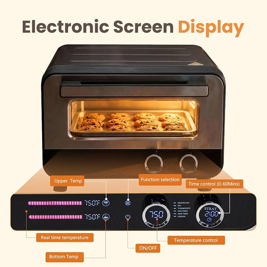 DUMOS Pizza Oven Indoor, 1600W Electric Pizza Maker Fast Heating, 6 Presets for 12 Inches Pizzas, with Stone & Spatula, Upper-Bottom Independent Heating Temperature Control
