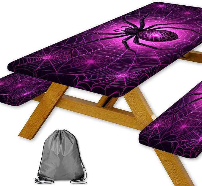Picnic Table Cover with Bench Covers & Bag, Gothic Spider Web Outdoor Camping Accessories Waterproof Oilproof Camping Tablecloth with Elastic Edges Fitted Rectangle Table Cover, 3PCS, 30x60 Inch