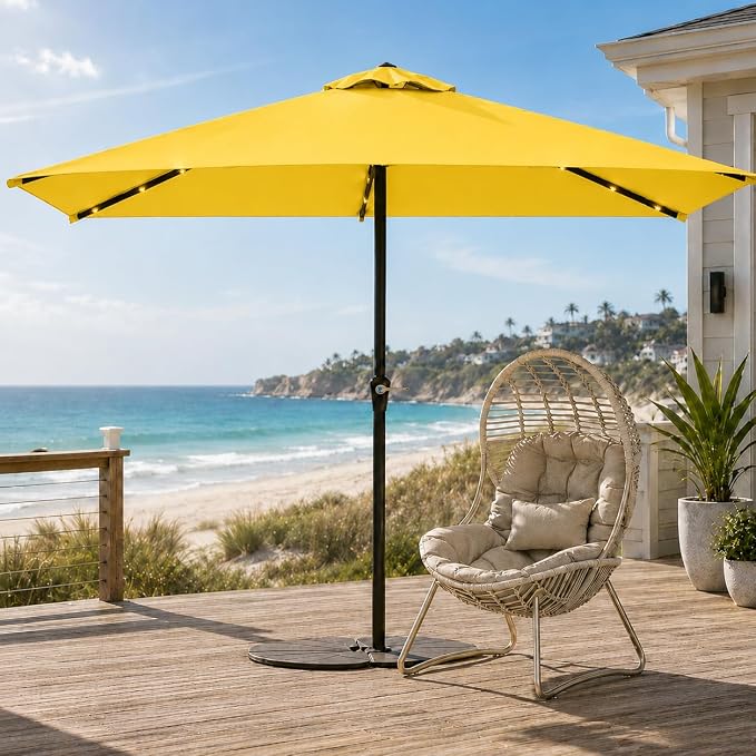 6.5 x 10ft Rectangular Patio Umbrella with Solar Lights, 16 LED Lighted Market Umbrella with Push-Button Tilt and Crank, 6 Sturdy Iron Ribs for Garden, Deck, Pool, Sunshine Yellow