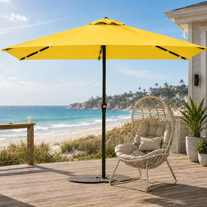 6.5 x 10ft Rectangular Patio Umbrella with Solar Lights, 16 LED Lighted Market Umbrella with Push-Button Tilt and Crank, 6 Sturdy Iron Ribs for Garden, Deck, Pool, Sunshine Yellow