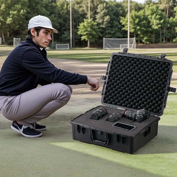 VEVOR Weatherproof Hard Case, Heavy Duty Protective Dry Box with Pre-cut Foam, and Retractable Pull Handles for Travel, Hunting, Military, Tactical, IP67 Waterproof Case for Cameras (24.4×19.3×8.9)