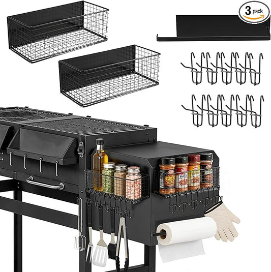3 Pack Magnetic Storage Bins for Traeger - Include 2 Baskets 1 rack 10 hooks - Accessories Suit for Ironwood 885, Pro Series 34, Pro Series 22, Pro D2 575, Pro 780, Ironwood 650 And Pit boss, Z-Grills