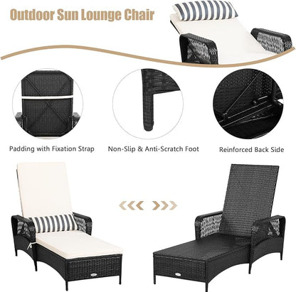 HAPPYGRILL Patio Chaise Lounge Chair Outdoor Rattan Wicker Recliner with Thick Cushion, Lumbar Pillow, Adjustable Backrest for Garden Porch Lawn Poolside