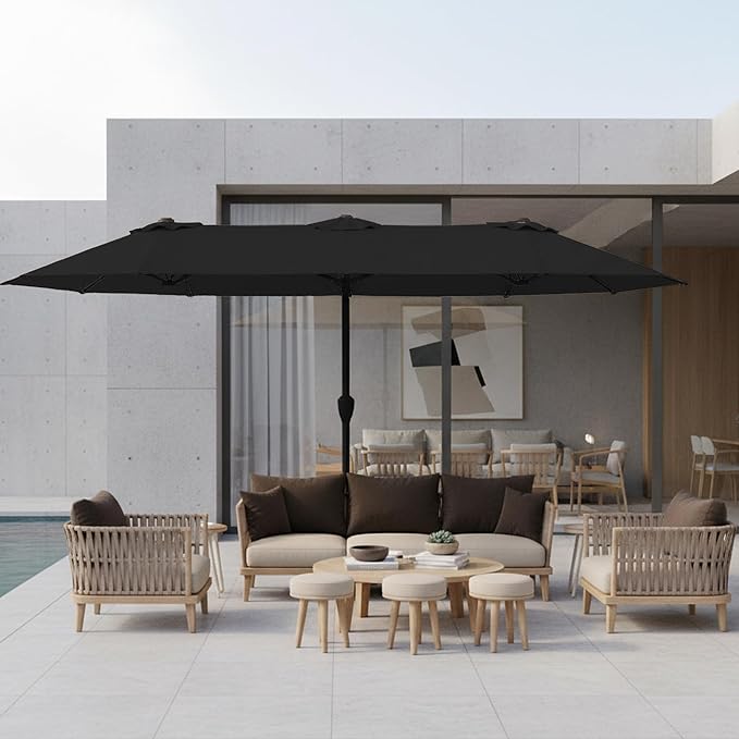 15FT Large Patio Umbrella with Base, Double Sided Rectangular Outdoor Umbrella with Sturdy Fiberglass Ribs, UPF 50+ Sun Protection, Wind-Resistant, Waterproof Fade-Resistant Fabric for Pool, Garden, Backyard, Deck(Black)