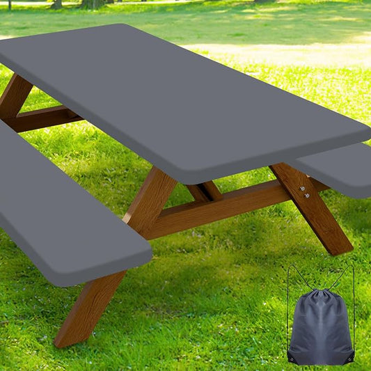 Smiry Picnic Table Cover with Bench Covers, Waterproof Elastic Fitted Polyester Tablecloths for 6 Ft Rectangle Tables, Washable Windproof Tablecloth for Camping, RV & Outdoor (Grey, 30x72 Inches)