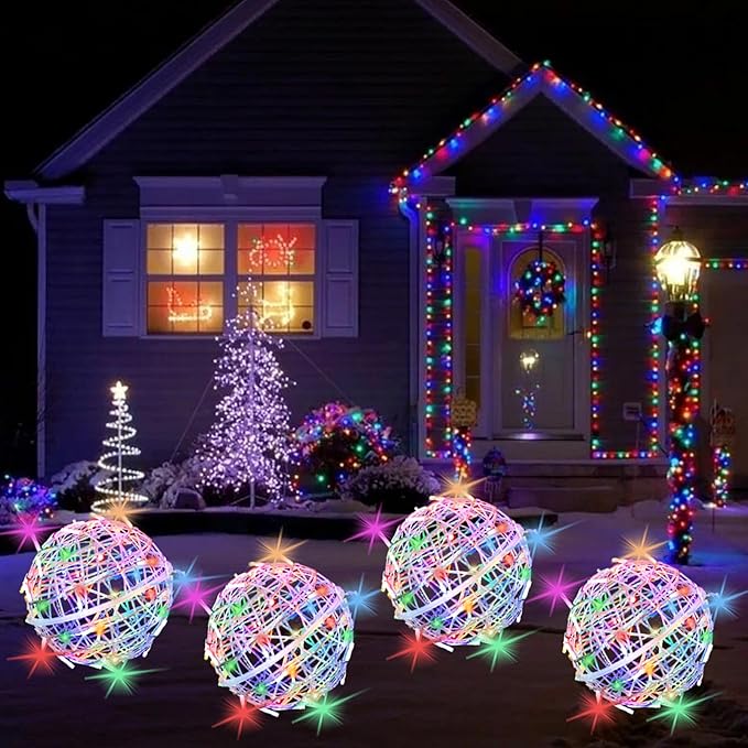 Outdoor Christmas Balls Lights Tree Lights Waterproof, 4 Pack 11.81" LED Hanging Globe Sphere Lights with 8 Lighting Modes Memory Timer Plug for Party Wedding Xmas Porch Patio Garden Yard Decorations
