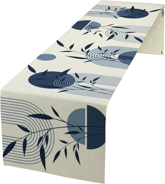 Abstract Boho Table Runner Mid Century Creative Blue Leaves Sun Geometric Arch Minimalisted Seasonal Dinner Runner for Farmhouse Home Kitchen Holiday Party Decor 13x36in