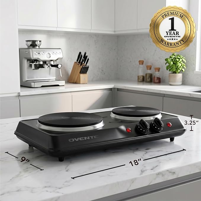 OVENTE Electric Cast Iron Double Burner, 1700W Hot Plate, Black BGS102B | 7.25" & 6.10" Portable Countertop Cooktop, Metal Housing, 5 Level Temperature Control, Indicator Light, Easy-to-Clean