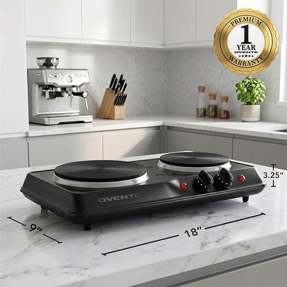 OVENTE Electric Cast Iron Double Burner, 1700W Hot Plate, Black BGS102B | 7.25" & 6.10" Portable Countertop Cooktop, Metal Housing, 5 Level Temperature Control, Indicator Light, Easy-to-Clean