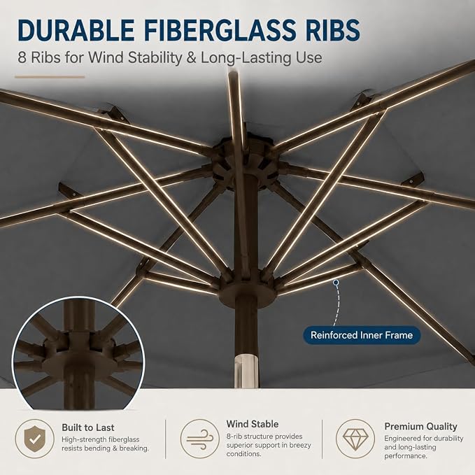 10ft Patio Umbrella, 3-Tier Vented Outdoor Table Umbrella with 8 Sturdy Fiberglass Ribs, Windproof Market Umbrella with Push Button Tilt and Crank, UV Protection for Deck, Pool, Grey