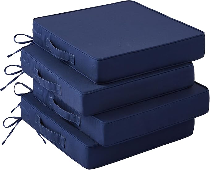 IASEAHK Patio Chair Cushions, 19" x 19" x 3" Outdoor Chair Cushions Set of 4, Waterproof Outdoor Cushions for Patio Furniture, Outdoors Seat Cushions with Handle and Ties, Navy Blue