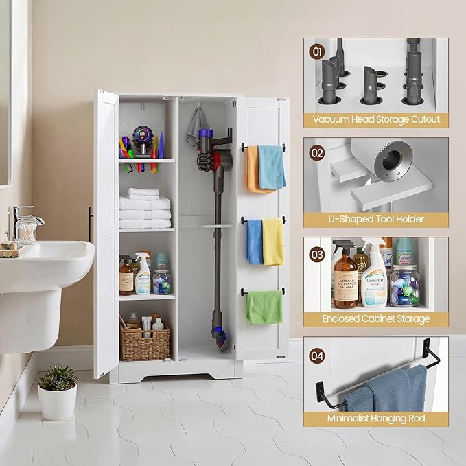 NORTHSKY Wooden Storage Cabinet, 55" Broom Closet & Vacuum Cleaner Holder Compatible with Dyson, Utility Cabinet for Brooms & Mops, Cleaning Cabinet w/Doors for Garage,Laundry,Mudroom,Home Office