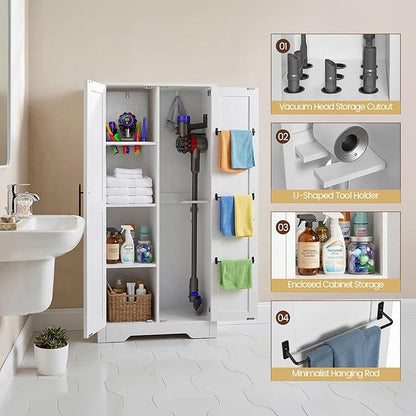 NORTHSKY Wooden Storage Cabinet, 55" Broom Closet & Vacuum Cleaner Holder Compatible with Dyson, Utility Cabinet for Brooms & Mops, Cleaning Cabinet w/Doors for Garage,Laundry,Mudroom,Home Office