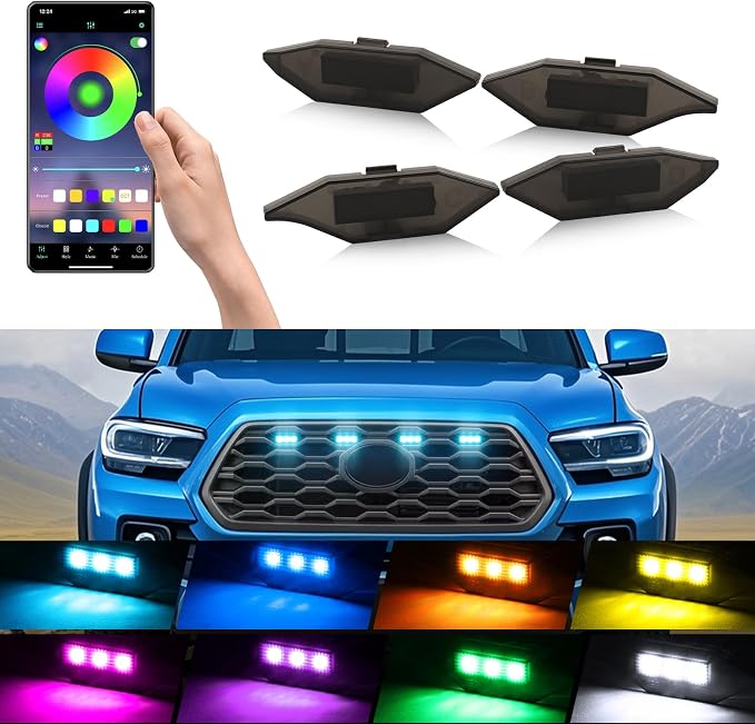 RGB Led Grille Lights for Toyota Tacoma Raptor Grills Light 2020-2023 | 4pcs ,TRD Off Road Sport OEM Grill,Rapt0r Lights for Tacoma 6 LED Upgrade Grille Light