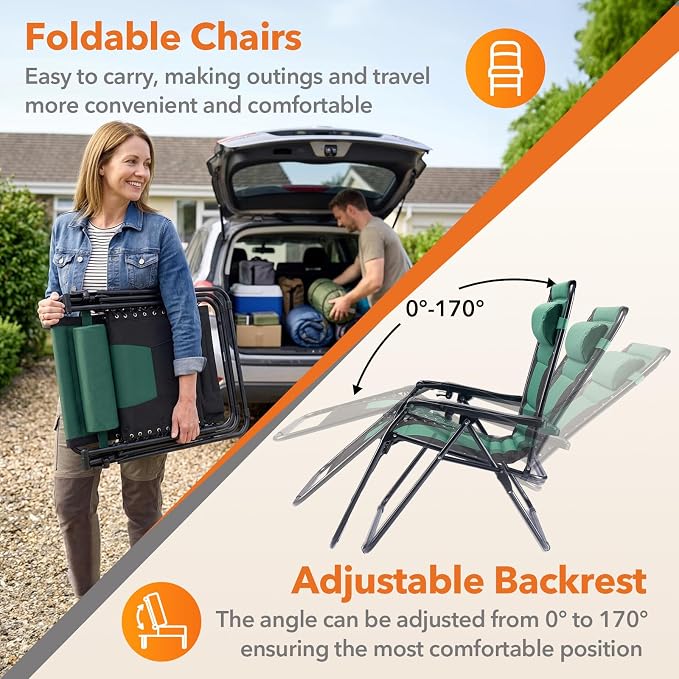 Sweetcrispy Zero Gravity Chairs, Foldable Patio Reclining Chairs with Adjustable Pillow & Cup Holder, Oversized Portable Support 400 lbs, for Backyard Camping, Black-Green