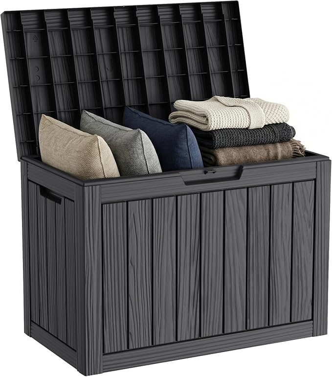 PatioZen 50 Gallon Deck Box Outdoor,Weatherproof Resin Patio Storage Box,Waterproof Outdoor Storage Boxes with Lid Lockable for Cushions,Garden Tools,Black