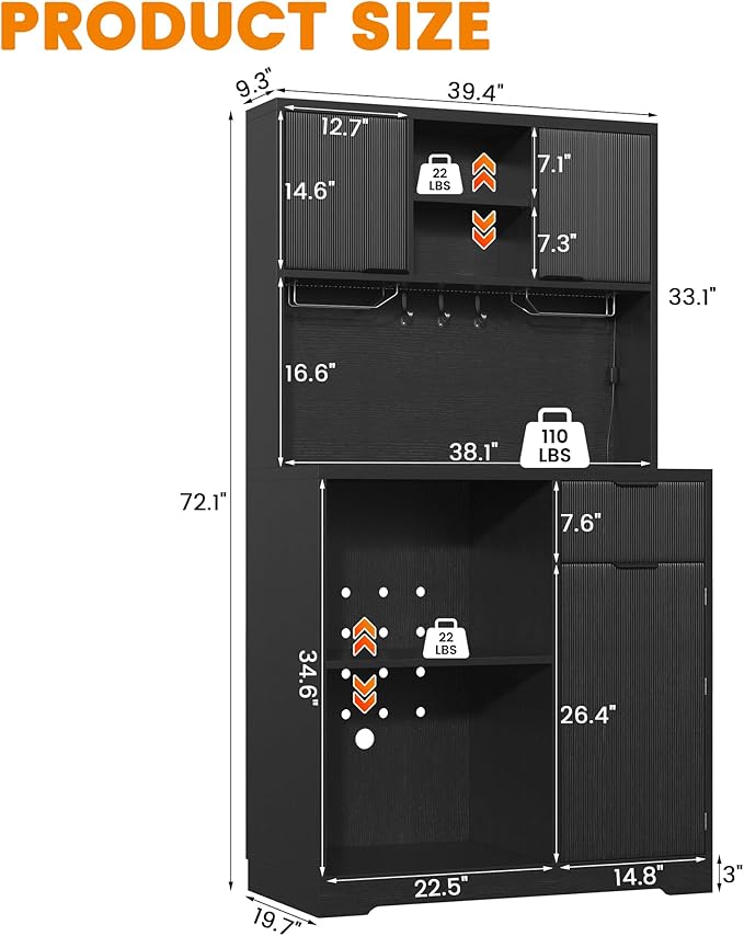 kepptory 72" Mini Fridge Cabinet with Storage, Coffee Bar Cabinet with Mini Fridge, Tall Coffee Bar Station with RGB LED Light, Wine Glass Holder, for Home Kitchen Living Room, Black