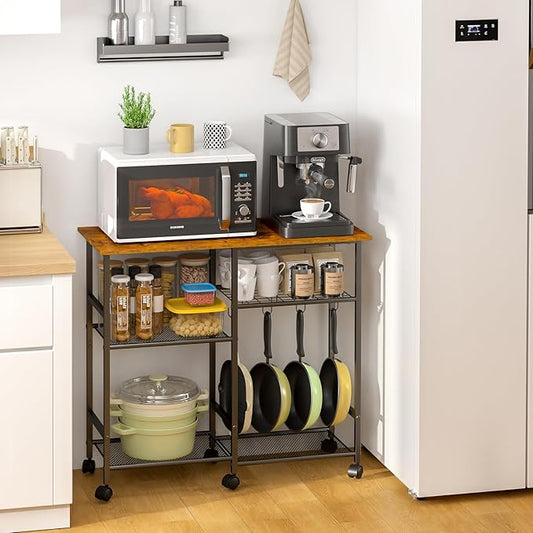 ThreeHio Rolling Kitchen Microwave Cart, 3-Tier Microwave Stand with Adjustable Shelf, Kitchen Storage Cart on Lockable Wheels, Coffee Bar Baker's Rack Organizer Shelf for Living Room, Office, Balcony