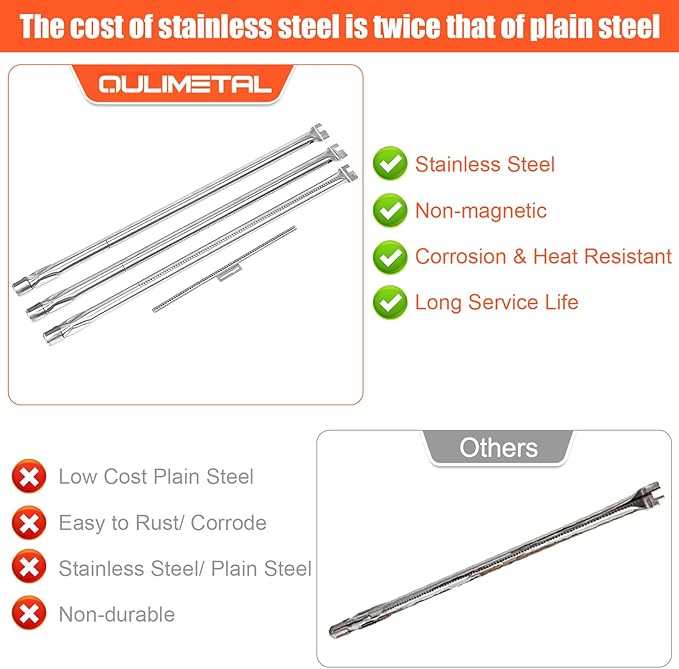 QuliMetal 7508 Grill Burner Tube for Weber Genesis Silver B/C Gold B/C, Spirit 700, Spirit E-310, E-320 (Side Control Grills), Weber 900 Grill Parts, 304 Stainless Steel Gas Grill Burner Tube Kit
