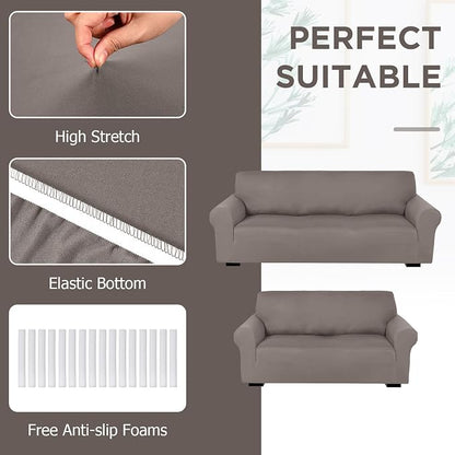 Peryiter 2 Pcs Couch and Loveseat Sofa Covers,Taupe,Milk Silk | Armchair Covers for Living Room, Sofa Cushion Slipcover 2/3 Seater, Furniture Protector, Polyester and Spandex, Washable