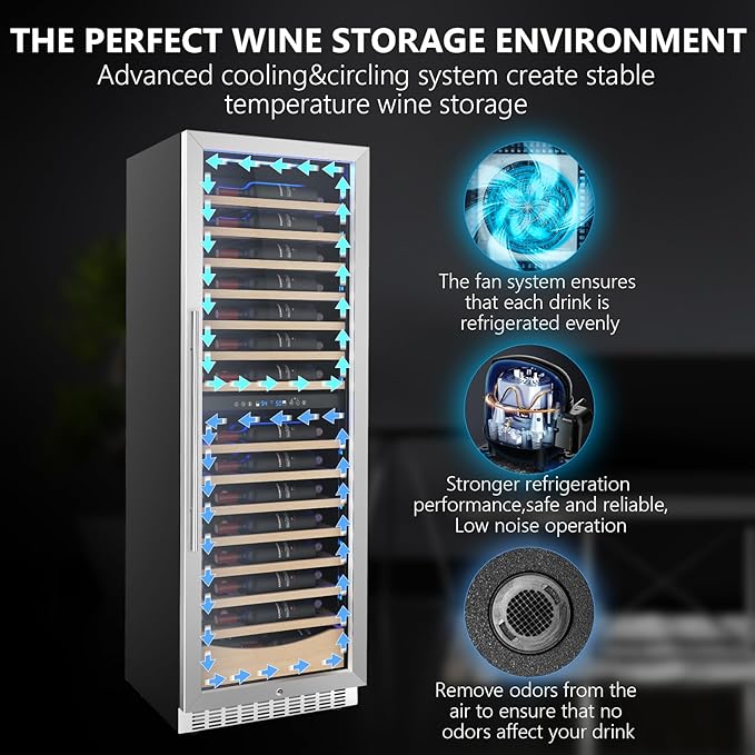 COWSAR 24 Inch Wine Cooler Drink Fridge, 105 Bottles Commercial Wine Fridge, Tall Freestanding/Built-in Beverage Refrigerator Glass Door with Removable Wooden Shelves, Blue LED Lights, Safety lock