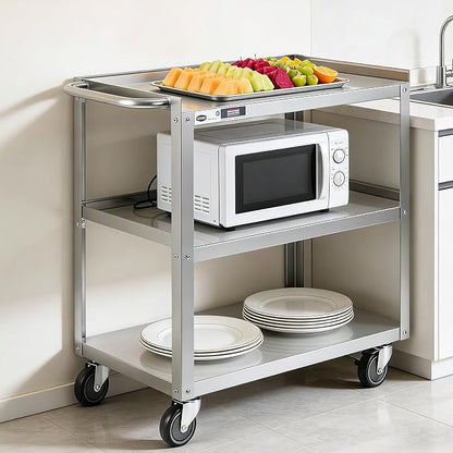 Hally Stainless Steel Utility Cart 3 Tier NSF Rolling Carts 31" Lx19 Wx34 H | Commercial Heavy Duty Metal Mobile Food Cart, with Handle and Wheels, for Kitchen, Restaurant, Hospital, Laboratory and Home