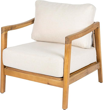 Christopher Knight Home Seward Acacia Wood Lounge Chair Outdoor with Removable Cushion, Solid Wood Patio Accent Chair with Rope Backrest, Patio Outdoor Armchair, Teak+Beige