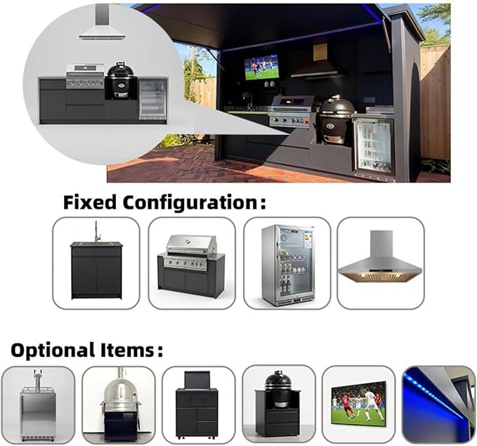 Modular Outdoor Kitchen, Premium Outdoor Cooking Island with Grill, Oven, Refrigerator, Bar Counter and Sink, Automatic Lift Door Design with Built-in Lighting for Garden BBQ Outdoor Cooking