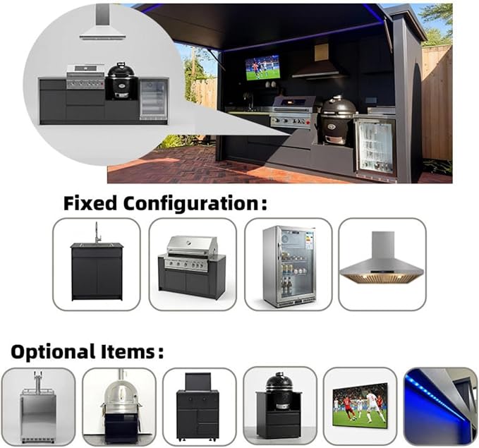 Modular Outdoor Kitchen | Outdoor Cooking Island with Grill, Oven, Refrigerator, Bar Counter, Sink & Automatic Lift Door, Ideal for Garden BBQ Cooking