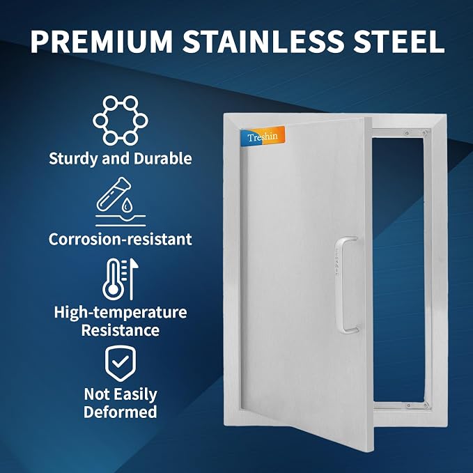 Treshin Outdoor Kitchen Door 17" W x 24" H, Single BBQ Access Doors | Stainless Steel Door with Magnetic Closure & Hooks, Flush Mount for Grill Island, Outdoor Kitchens, BBQ Station