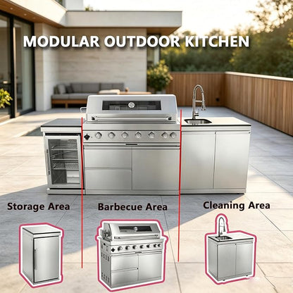 Outdoor Kitchen Island with Gas Grill, Stainless Steel Modular Outdoor Kitchen, Outdoor Grill Station with Refrigerator and Faucet Sink, for Backyard, Patio, Poolside