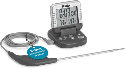 Polder Classic Digital Thermometer and Timer, Meat Thermometer for Cooking, Stainless Steel Probe, 24-Hour Countdown Timer with 40" Long, High-Heat Silicone Cord