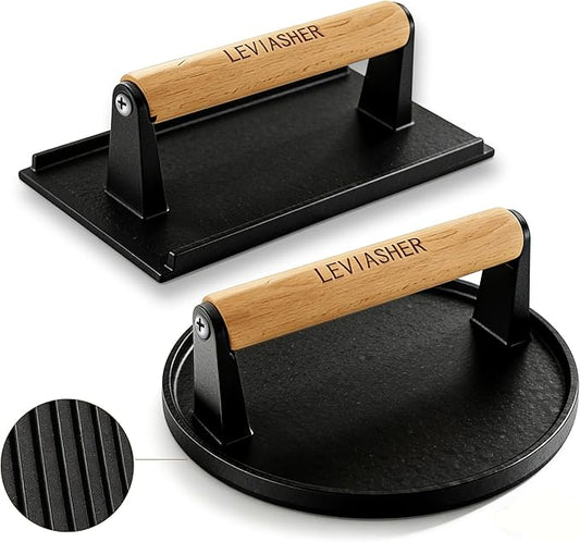 2Pack 2.3lb Steak Weight & Burger Press, Striped Base, 7" Round 7"X4" Heavy Duty Cast Iron Grill Press with Wood Handle for Blackstone, Chef, Camp, Panini, Vegetable, Bacon, Sandwich, BBQ