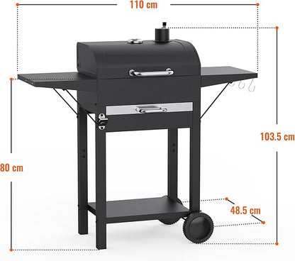 Charcoal Grills with Side Tables and Bottle Opener, 20'' Smoker Barbecue BBQ Grill with 2 Wheels for Backyard Patio Camping and Parties, Black