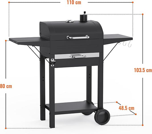 Charcoal Grills with Side Tables and Bottle Opener, 20'' Smoker Barbecue BBQ Grill with 2 Wheels for Backyard Patio Camping and Parties, Black