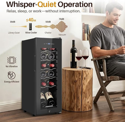 12 Bottle Wine Fridge, Slim Wine Cooler Refrigerator with Glass Door for Red, White, Champagne, Compressor Cooling, Freestanding Wine Refrigerator for Home Bar, Apartment, Office