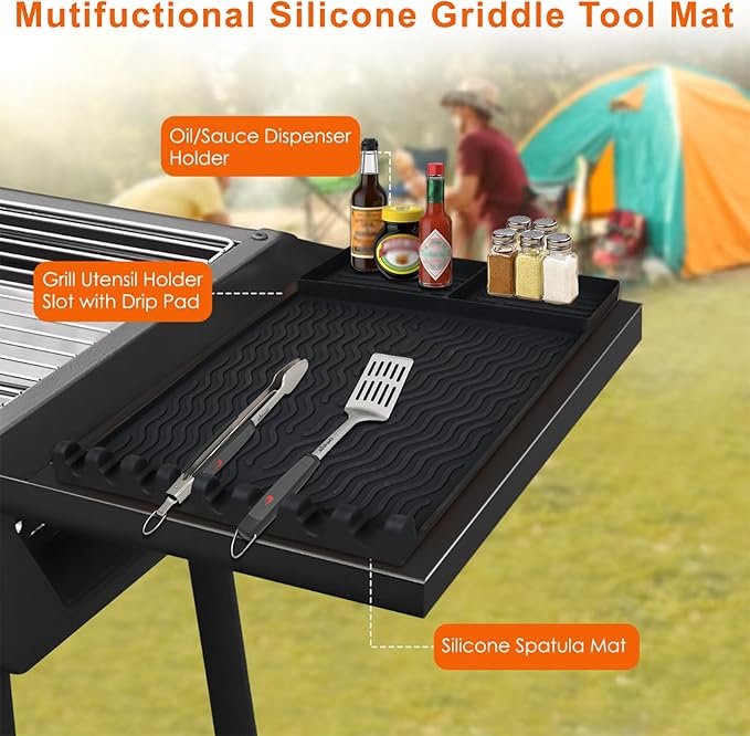 Full-Size Silicone Griddle Mat for Flat Top Grills, Heat Resistant Spatula Holder with Grease Drip Pan, Outdoor Cooking Counter Protector, Black