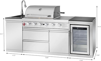 BBQ Outdoor Kitchen Island Grill Barbecue Modular Patio Kitchens Kits with Electric Rotisserie, Sink, fridge, and Burner for More than 10 People (Silver 85'')