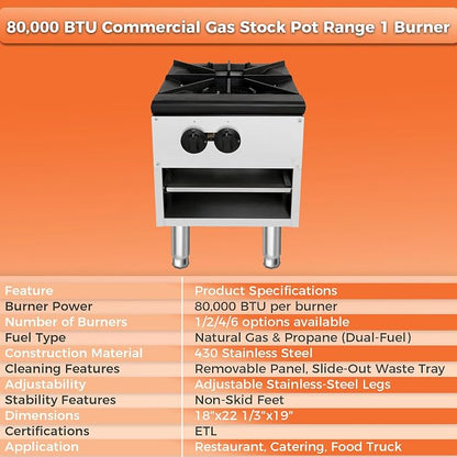 Commercial Gas Stock Pot Cooker,Countertop Burner with 80000 BTU Heating Power,NG LPG Compatible,Stainless Steel Body,Removable Waste Tray,Adjustable Legs,ETL Listed Appliance (Silver,1 Burner)