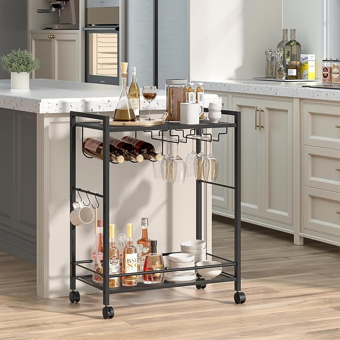 Joaxswe Bar Cart, Home Bar Serving Cart with 2-Tier Shelf,Rolling Beverage Cart with Wheels,Mobile Kitchen Shelf,Modern Black Wine Drink Cart with Wine Rack and Glass Holder for Kitchen,Dinning Room
