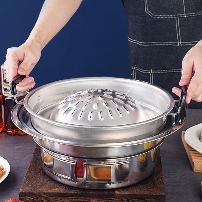 Thai Korean BBQ Grill Pan, Aluminum BBQ Grill Topper, 2 in 1 Non Stick Smoke Steak Grill Charcoal Pan Pork Hot Pot, Even Heating Barbecue Grill Plates, Camping BBQ Pan (35cm/13.78in Original Color)